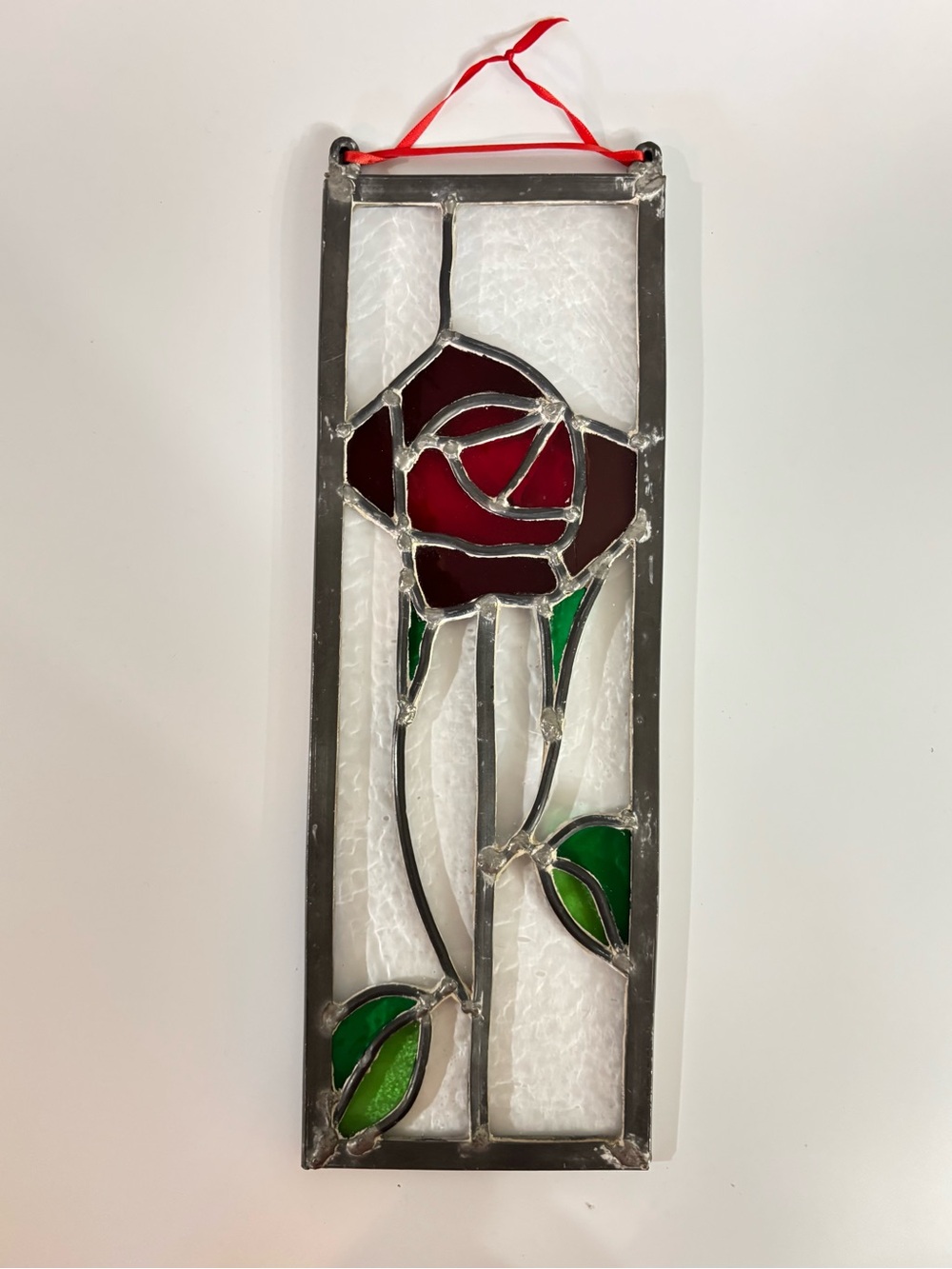 Handmade Red Rose Brutalist Leaded Stained Glass Panel - Home Art 14”